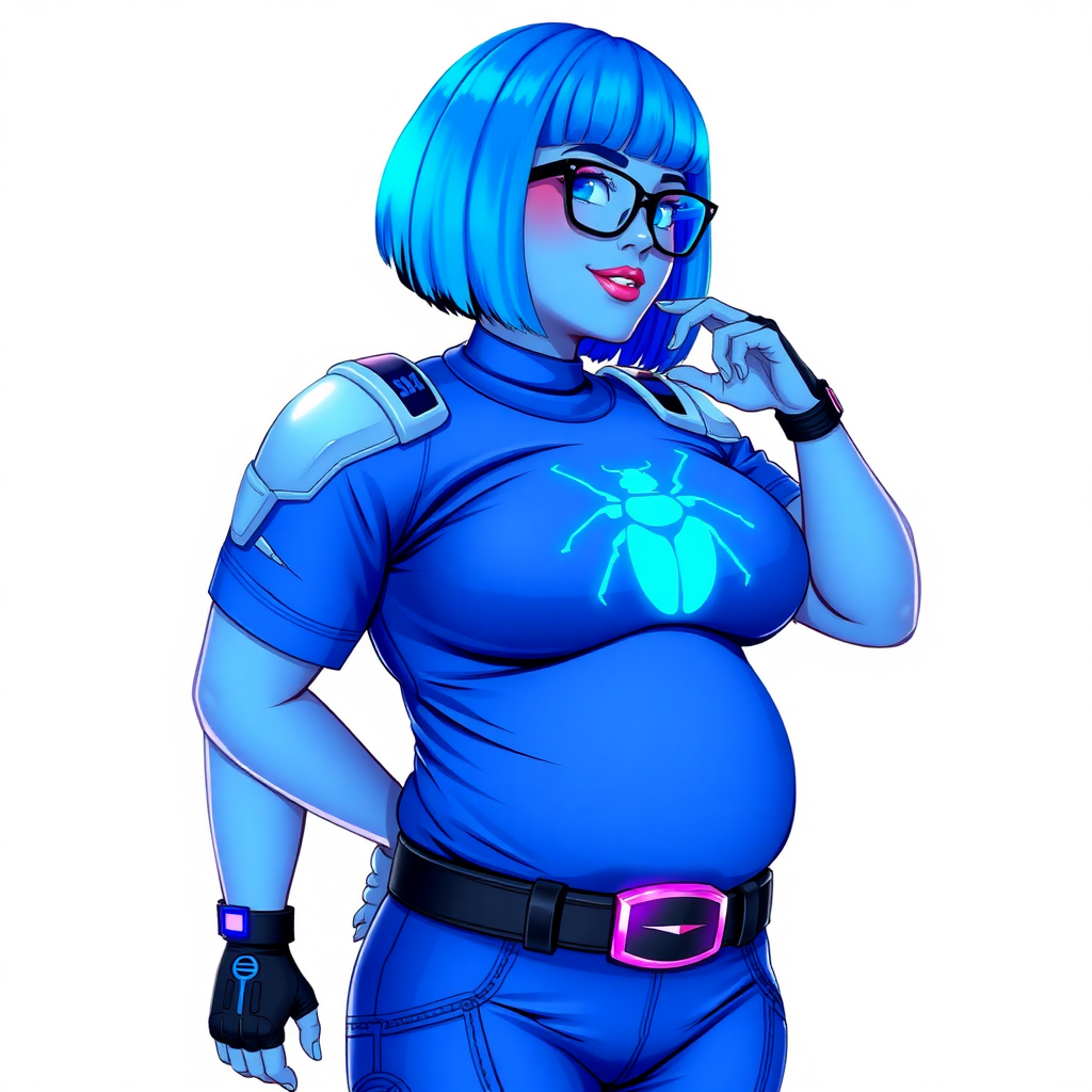 A 28-year-old, full-figured, metallic maximum blue (5PB 5/10) skinned computer program hybrid with a maximum blue bob cut. She has a non-athletic build, highlighted by a prominent, round, large midsection (with full emphasis on her round belly), which shows the effects of her love of junk food acquired from her boyfriend. As the full-figured, nerdy, digital sidekick to her cyberpunk vigilante boyfriend, her metallic maximum blue skin and maximum blue lipstick (5PB 5/12) emphasize her digital nature. Her skin has a subtle, animated glow, with digital patterns occasionally flickering across it, making her digital nature obvious. She wears a digital, computerized, superhero costume, consisting of a massive, tight-fitting, maximum blue t-shirt (5PB 5/12) made out of advanced nanotech with a neon blue chest icon of a beetle, hi-tech shoulder pads with neon blue accents, a black hi-tech belt with a digital neon blue glowing buckle, digital maximum blue biker pants (5PB 5/12) with neon blue accents, and black hi-tech fingerless biker gloves with neon blue glowing accents. Her neon blue glowing eyes, black eyeglasses with neon blue glowing lenses equipped with a built-in HUD, and bashful smile with neon red blush accentuate her nerdiness. She stands bashfully with one hand behind her back and the other hand gently touching her cheek, her costume covering all her skin (especially her midsection) and fully emphasizing her full figure (especially her round belly). She is clearly non-athletic, with a focus on her full-figured physique. Despite her build, she radiates beauty. She has a slim face compared to her physique, accentuating her radiant beauty. She is on a solid white background. She is drawn as if she were in a retro 2D cyberpunk fighting game.