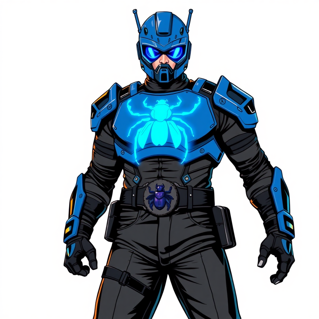 A 28-year-old cyberpunk vigilante stands heroically, clad in a maximum blue biker armor featuring a neon blue beetle on the chest. He wears black biker pants, a black belt with a sapphire beetle buckle, and a helmet resembling a sleek, tactical design, but colored maximum blue with neon blue glowing lenses. Their hands are protected by black metal gloves, all set against a solid white background. He is drawn as if he was in a retro 2D cyberpunk fighting game.