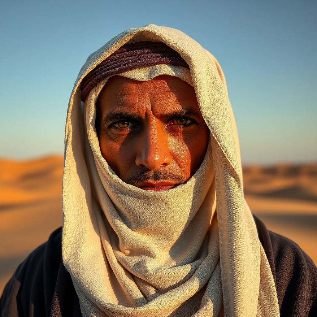 the face of a person in the desert wearing a djellaba