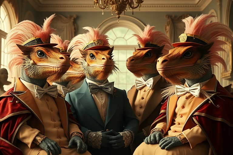 A regal gathering of humanoid bearded dragons dressed in extravagant high-fashion outfits, inspired by Wes Anderson’s symmetrical framing and British high society elegance. Their absurd fashion combines feathered hats, oversized bow ties, and velvet capes. The scene is lit in soft pastels, evoking Lana Del Rey’s dreamy vibes, in a floating gothic mansion. Ultra-detailed, cinematic realism.