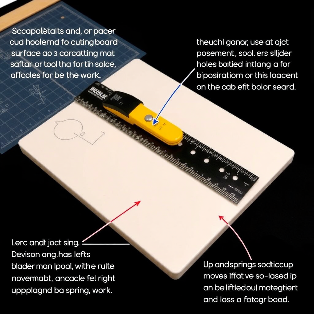 Plastic board and cutting mat: Secure or place a cutting mat over the plastic board to create a stable surface for cutting tasks.

Ruler with holes for the blade: Fix a ruler (or a tool that acts as a slider) with thin holes on the plastic board that allows the blade to fit through.

Left and right movement: Use a locking device that allows the ruler to move left and right, enabling it to be positioned as desired during work.

Up and down movement with springs: Attach springs to allow the ruler to move up and down, so it can be lifted or lowered as needed. This should facilitate easier movement of the ruler and the cutting tasks.