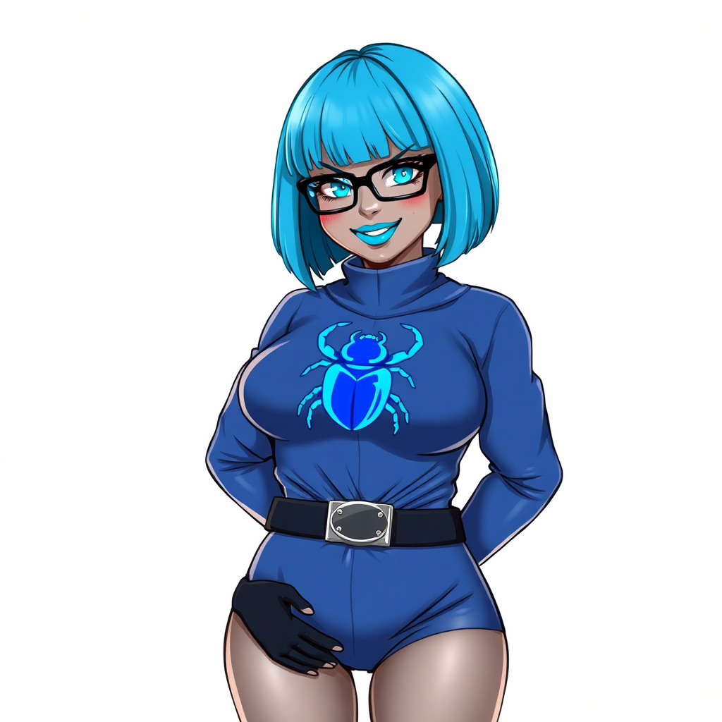 A 28-year-old, full-figured, middle gray metallic-skinned computer program-human hybrid with a maximum blue bob cut. She has a non-athletic build, highlighted by a prominent, round midsection. As a digital sidekick, computer hacker, and nerdy girlfriend to her cyberpunk vigilante boyfriend, her middle gray metallic skin and maximum blue lipstick emphasize her digital nature. She wears an oversized maximum blue costume with a neon blue beetle chest icon, a black belt with a sapphire scarab buckle, and black gloves. Her bright blue eyes, black eyeglasses, and lovestruck smile with neon red blush accentuate her nerdiness. She stands bashfully with her hands behind her back, her costume covering all her skin. Her physique is heavily emphasized. She is on a solid white background. She is drawn as if she was in a retro 2D cyberpunk fighting game.