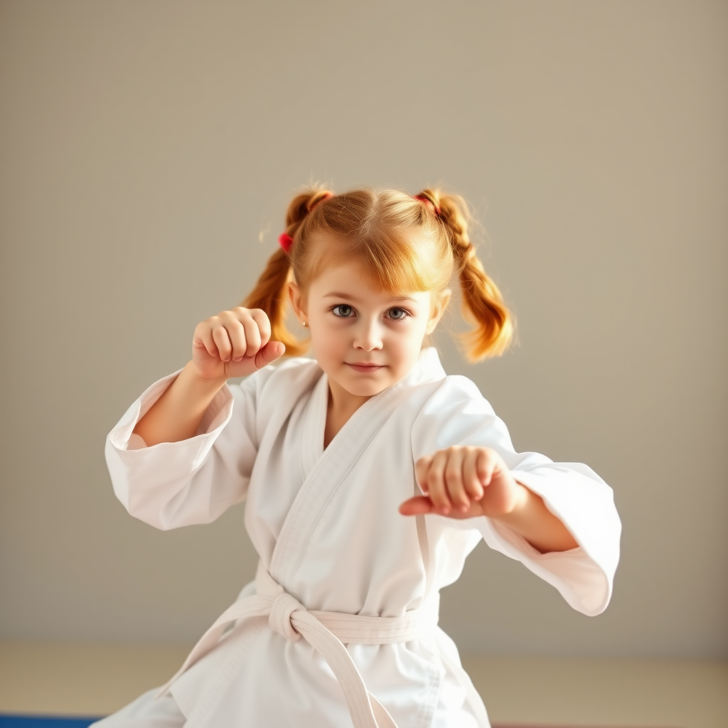 8 year-old girl with strawberry blonde hair doing karate