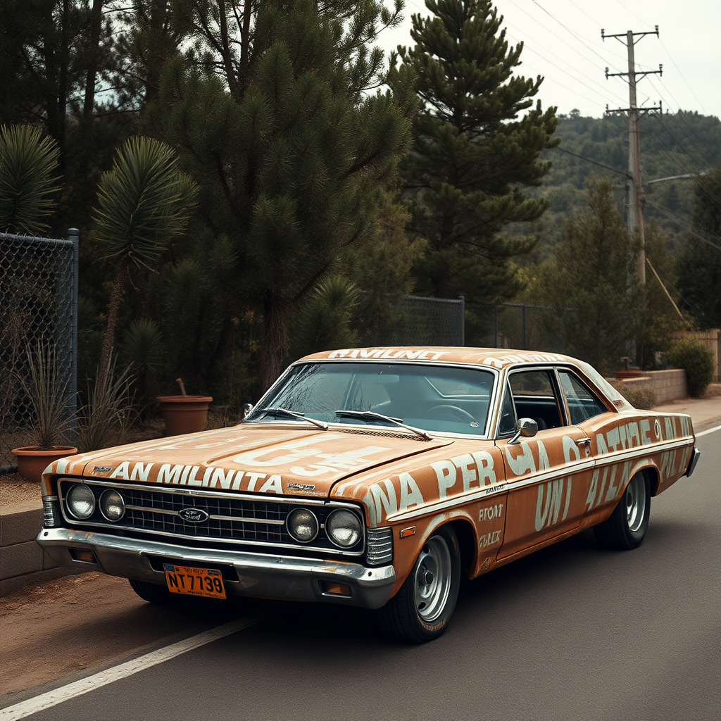 ford falcon mad max apokiptik rusty the car is parked on the side of the road, inspired by Taiyō Matsumoto, tumblr, restomod, nd4, c4