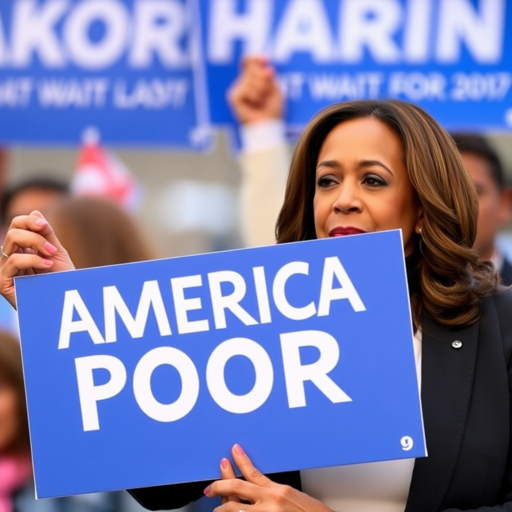 Kamala Harris holding a blue placard with white text "MAKE AMERICA POOR AGAIN"