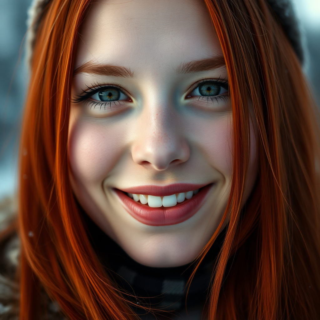 beautiful young woman with red long hair gorgeous smile, full lips, pale skin, on Alaska during winter