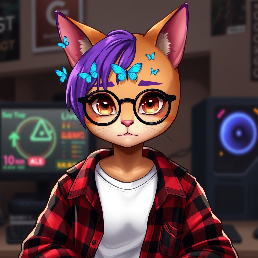 female cat-man without breasts/flat chest serious chestnut color with little blue butterflies on the head, a round head, with a purple UNDERCUT hairstyle, hazel eyes, dimples on the cheeks, chubby cheeks, wearing semi-round glasses, a red and black checkered open shirt with a white t-shirt, in front of a desk with a gaming PC, in digital art