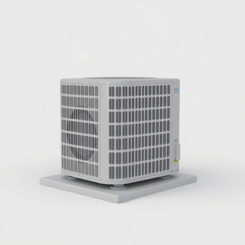 A simple, 3D model of a standard residential outdoor air conditioning unit or condenser. The unit should be placed on a flat surface. The unit should be a neutral color. Plain, uncluttered background. No text.