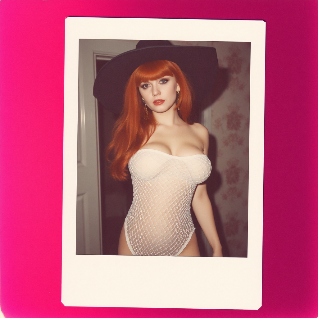 Scan of an old polaroid photo with heavy dark vignetting and a pink color tint to the photograph and visible light leaks. The photo depicts a sexy alt goth girl with pale skin and red hair. She has a plump booty. She has large breasts with ample cleavage and is wearing a white fishnet bodysuit. She is wearing a witch hat. The image looks hazy and grungy. She is in an old house with wallpaper on the walls. Dark lighting with camera flash used. Candid