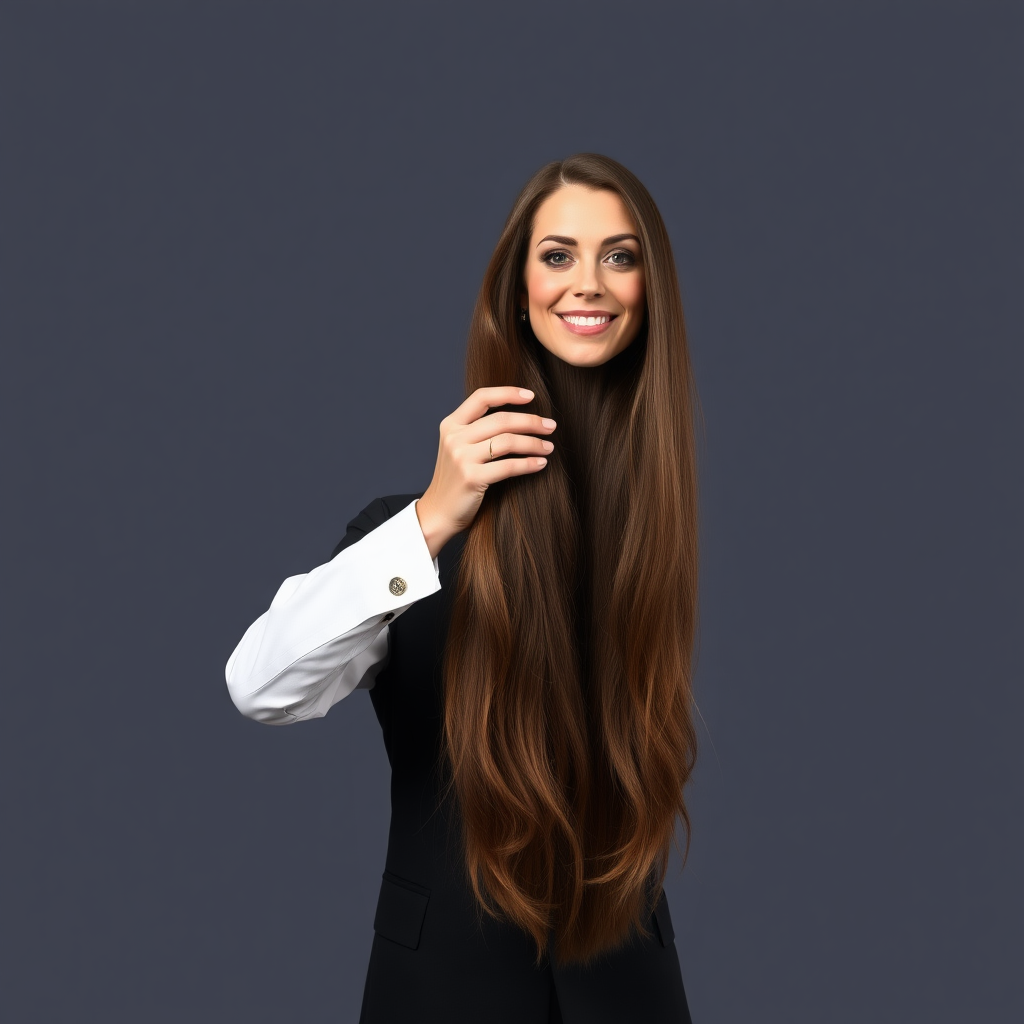 A surreal image of a magician holding up the disembodied head of a very long-haired Kate Middleton. He is grabbing her by her long hair and holding up her head to display it to the camera. Plain gray background.