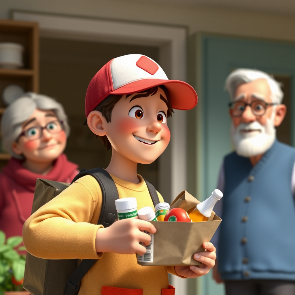 Create an image in Pixar style of a young man with Down syndrome who is a delivery person bringing medicine and groceries to the home of an elderly couple.