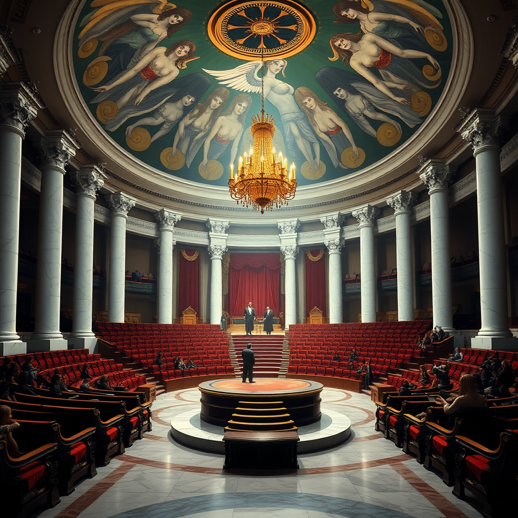 Inside the Slave Auction House, the grand foyer has polished marble floors and white alabaster pillars supporting a vaulted ceiling painted with images of alluring female slaves. Beyond the foyer is the main auction chamber, a large circular room with ascending rows of plush seating made from velvet and mahogany, facing the central platform. This platform is illuminated by a chandelier that casts a golden light over the chamber. The Dais of Pairing is the focal point of the Auction House, where slaves present themselves to prospective buyers. The Dais is finely crafted with silver-gilded edges. On the side of the main platform are a row of smaller platforms, where slaves are waiting their turn to be auctioned on the main platform.