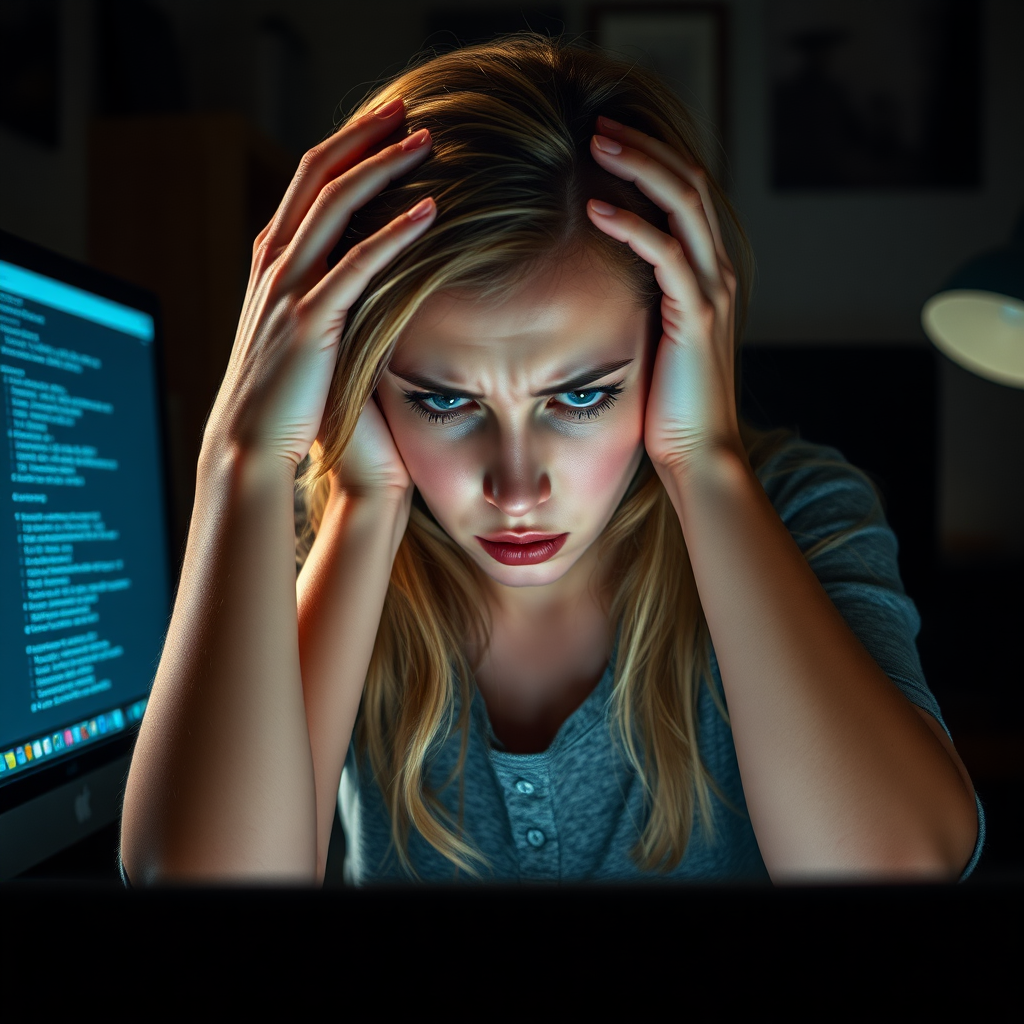 Create a detailed foto realistic scene of a desperate young nice blonde girl sitting in front of a computer. Her posture should reflect frustration, with her hands either on her face or gripping her head. Her surroundings are a typical home or office workspace, with dim lighting adding to the tense and stressful mood. The computer screen could show error messages, glitches, or something causing her distress. The woman’s expression should be a mix of anxiety, exhaustion, and very despair and sad and very angry with subtle attention to facial details like furrowed brows or clenched jaws.