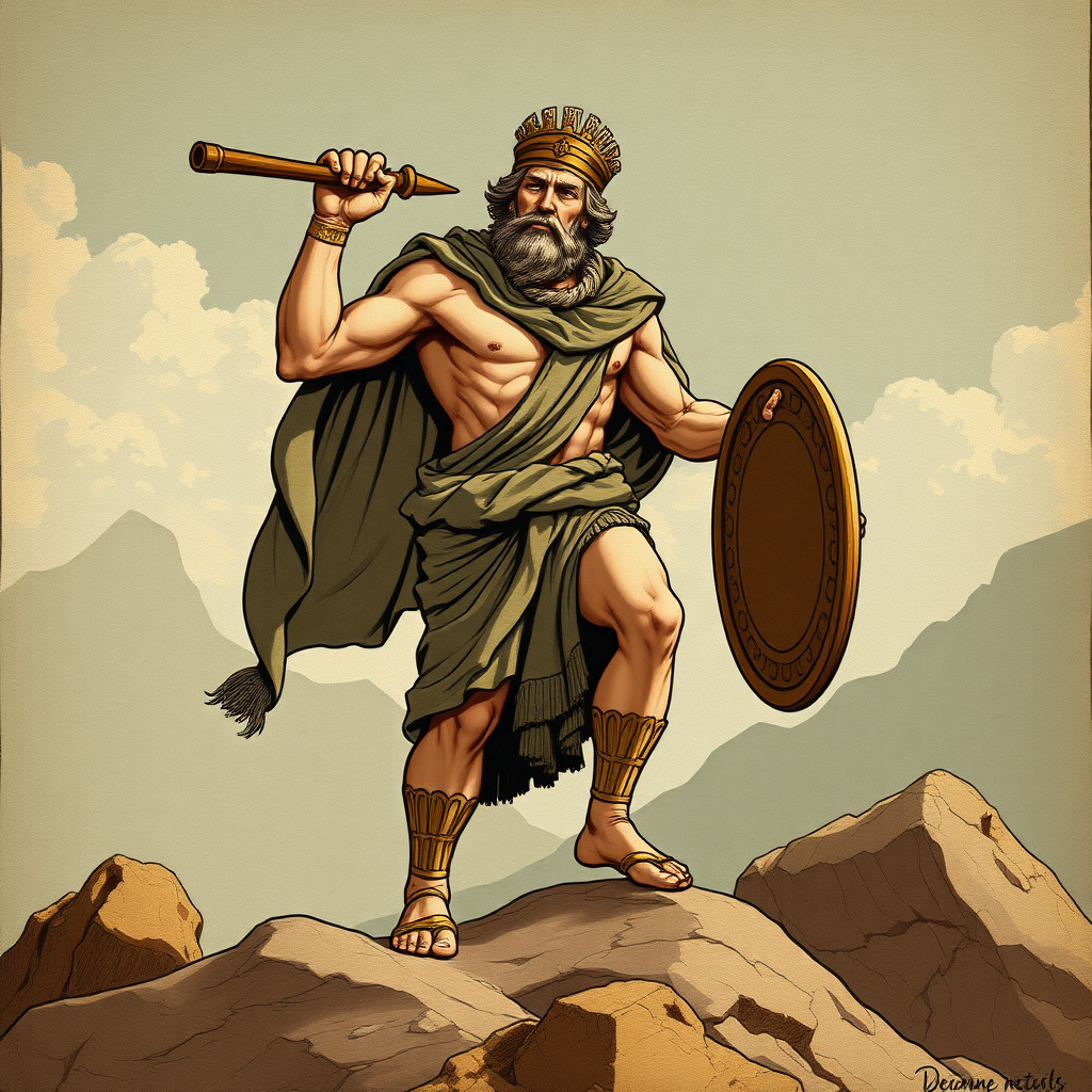 Sisyphus when he was still the King of Corinth before he was punished by Zeus. In a similar style to old Greek Mythology depictions.