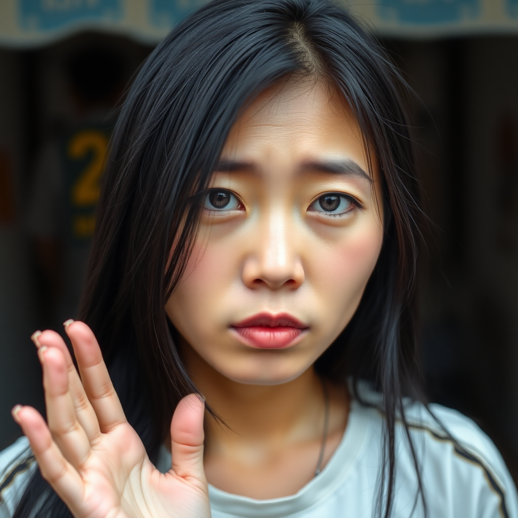 A very natural, very pretty, sad and homeless, about 30 years old, healthy, young-at-heart Asian woman with a T-shirt and long, jet-black hair and very typical and young Asian eyes, is very ashamed to look me in the eye and waves at me very embarrassed.