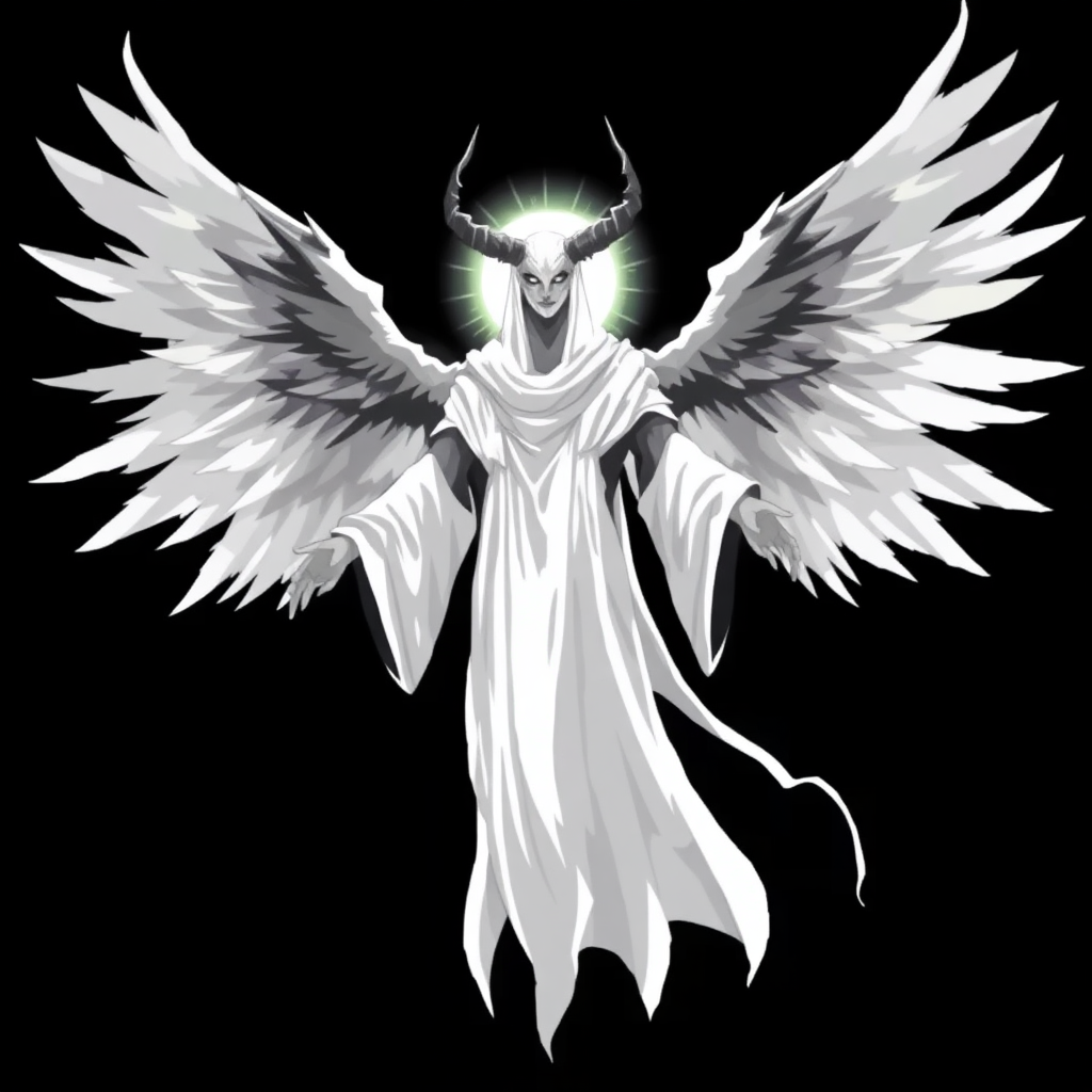 (Anime Pixel-styled art) Black background, the eerie figure of Yaldabaoth, the Demiurge, emerges in stark contrast. Towering and ghost-like, his form is tall and ethereal, a spectral white silhouette that seems to glow with an unsettling luminescence. His face is hidden beneath a strange and eerie circular light, radiant and blinding, with a single eye symbol hauntingly suspended within the glow. His head is crowned by four jagged, imposing horns, adding to his menacing yet angelic presence. Draped in flowing robes of white and black, Yaldabaoth's appearance straddles the line between celestial and terrifying. Four majestic angel wings unfurl from his back, their divine beauty twisted by the sinister aura that surrounds him. Floating effortlessly in mid-air, his entire form is visible—a full-body view as his arms extend outward, as if preparing to unleash a powerful, otherworldly force. His presence commands awe and fear, a terrifying blend of celestial grace and eerie malevolence.