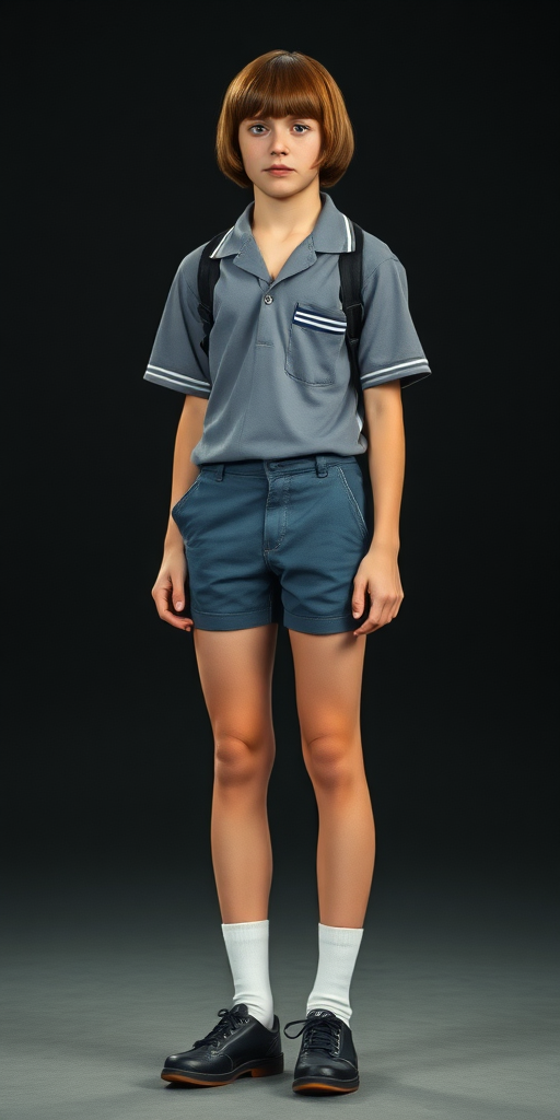 a tall 15yo teen boy, long bob cut, wearing school uniform with uniform matching very tight booty shorts, tube socks, shoes, long legs, narrow thighs. full-length view. 1980s. photorealistic, ultra high resolution, 16K, Negative: grainy, blurry, bad anatomy, extra limbs, watermark.