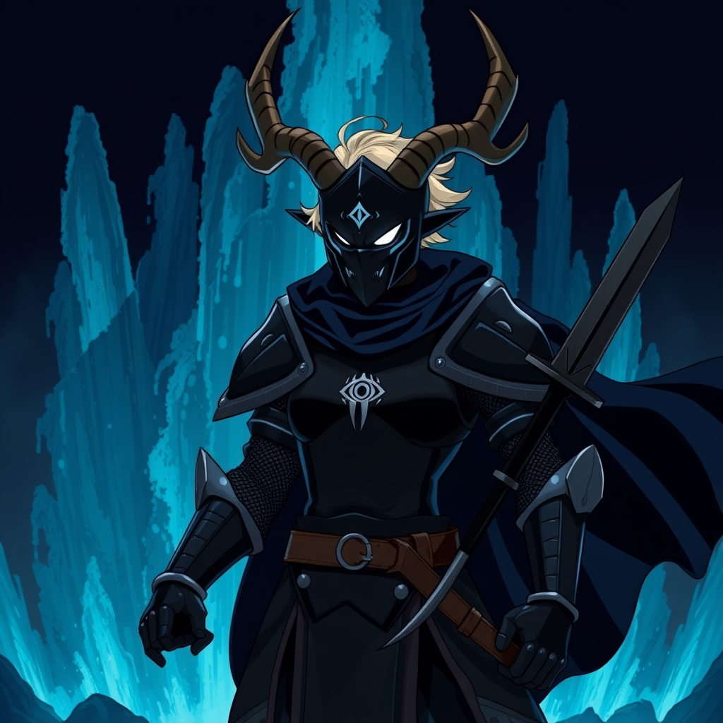 (Anime-pixel art) background of a massive dark blue-black-dark magic fountain erupting into the air, a fierce and violent knight stands poised for battle. She wears sleek, black knight armor, marked by a small white eye shaped symbol at its center, exuding an air of intimidation. Her face is obscured by a terrifying goat-like mask, with a single glowing white eye on the right, and another white eye symbol perched at the top of the mask, adding to her menacing presence.

The knight's imposing silhouette is accentuated by two large, dark-silver shoulder guards that gleam ominously in the darkness. Draped behind her is a flowing dark-blue cape that billows dramatically, hinting at her formidable power. Atop her head, two impressive deer antlers rise on each side of her head, further enhancing her fearsome appearance, while her short, tousled blonde hair peeks out from beneath the mask. She is holding in her right hand a black knife with black-dark magic.

This is the Roaring Knight, known as Mayor Holiday from Deltarune, captured in a striking full-body view that highlights both her ferocity and enigmatic allure.