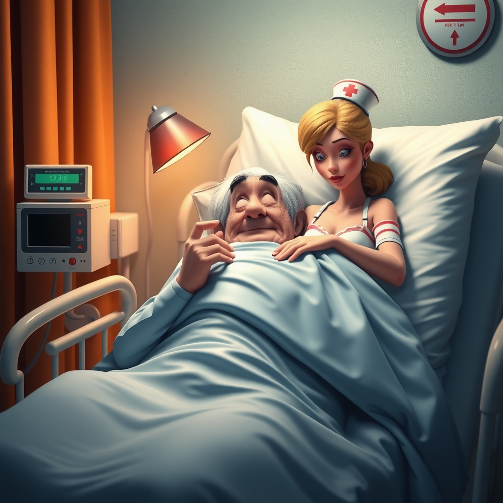 High quality, detailed, Disney 3D style film poster of an old man on a hospital bed with a huge erection under the blanket and a young skinny attractive nurse "impotence"