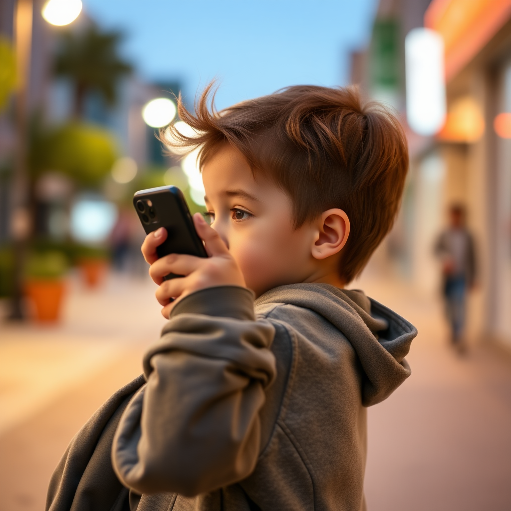 full real image of a kid using a phone turning right