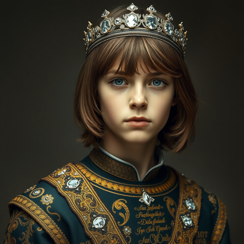 16yo teen boy prince, long bob cut, embroidered with gold and diamonds medieval cloths, diamond diadem. photorealistic, ultra high resolution, 16K,