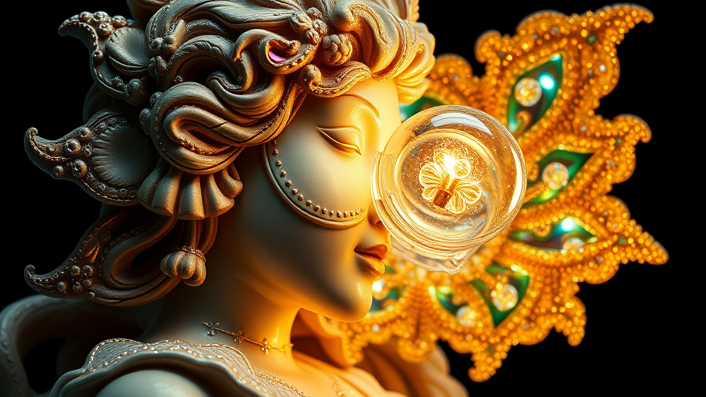 statue, mandelbulb fractal, ultra-detailed, dynamic composition, artistic photograph, fractal, brilliant colors, glittering, illumination, transparency, translucent, turquoise, gold, romanticism, sharp focus, pottery, floral, mother of pearl, iridescent