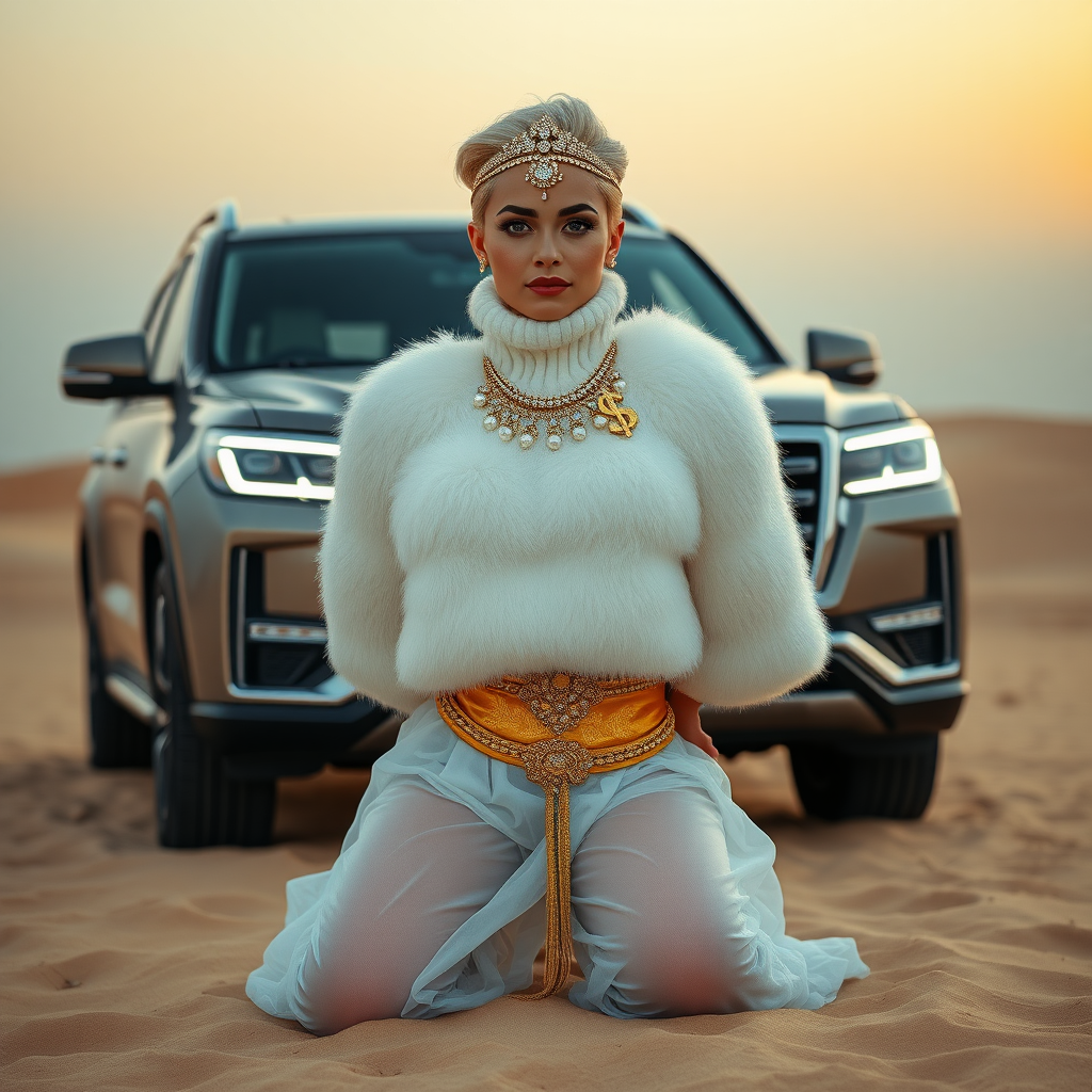 Kuwait desert dunes misty dawn, full size luxury SUV: Melissa, European 17 years old very convincing femboy “trophy-bimbo”, tamed servile docile, very beautiful feminine flawless face, rather short, by hormones very curvaceous womanly figured, platinum blond short tight curls, bold red lips, heavily made-up face, wearing Supertanya-style fluffy very fuzzy bright white angora turtleneck-poncho cropped ending under bust decorated with pearls and gemstones, striking oriental wide gold bridal protection belt, white fully transparent harem pants, full Oriental bridal jewelry with striking headpiece, full Oriental face-jewelry, striking diamond “$$$” letter brooch on left chest, pout frustrated, hands tied behind back, kneeling in sand in front of SUV, looking at camera. Focus on face and turtleneck-poncho.