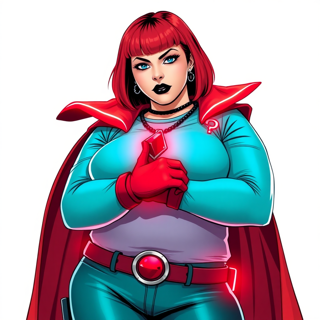 A 26-year-old, full-figured, magical girl vigilante detective becomes the heavily pampered mystical ally of her cyberpunk vigilante older brother figure. She has a bright red bob cut, black lipstick, and piercing bright blue eyes. She has a new non-athletic build, now highlighted by a prominent, round, gargantuan midsection (fully focused on her gargantuan belly), which shows the aftermath of her new pampered lifestyle. Despite her pampered physique, she shows full confidence. She wears a magical girl detective costume consisting of a gargantuan, magical, tight-fitting, maximum turquoise t-shirt (accentuating and emphasizing her gargantuan belly), maximum turquoise biker pants, complemented by a glowing neon red cape, a mystical ruby amulet (which is the source of her mystical powers), and magical red gloves glowing neon red. Her magical girl detective costume covers all her skin and emphasizes her full-figured physique (especially her gargantuan belly). Her stance is firm and resolute, arms crossed, exuding a no-nonsense attitude. Her costume reflects the influence of DC New 52 Prime Earth’s Phantom Lady, Jennifer Knight, while her pose embodies the moral ambiguity and determination reminiscent of DC’s Pax Americana’s The Question. She is on a solid white background. She is drawn as if she was in a retro 2D cyberpunk fighting game. She is clearly non-athletic, with a focus on her full-figured physique (especially her gargantuan belly). Make sure that her t-shirt covers all of her bare skin (especially her gargantuan belly).