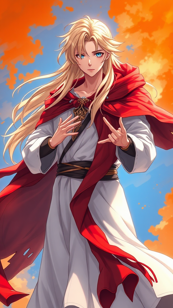 young man, feminine, long blonde hair, blue eyes, flowing white robe, hands, showing hands, flowing red burned tattered cape, levitating. orange and blue background. epic heroic pose, fantasy, masterpiece, HD, 8K, High Contrast
anime, anime style