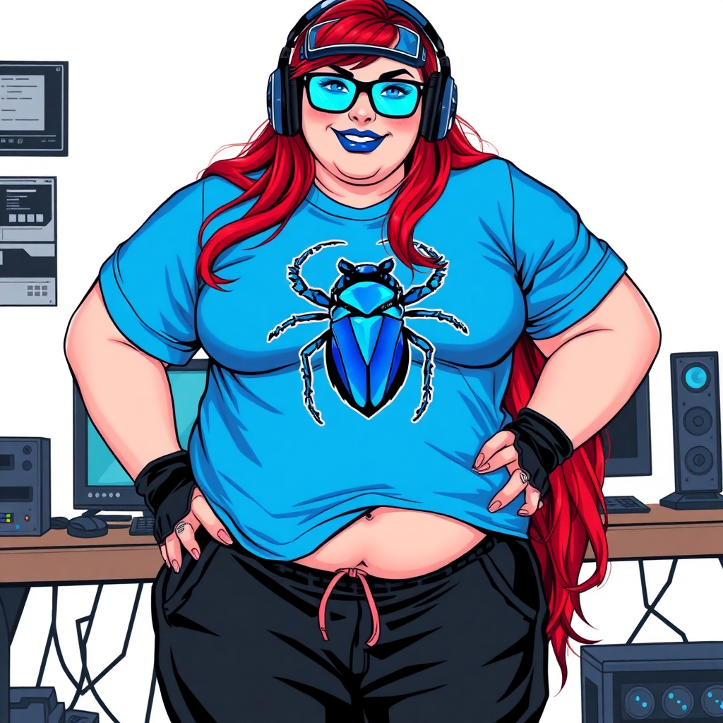 A cyberpunk vigilante's 28-year-old computer science major, nerdy, full figured, heavily pampered computer hacker and tech-wiz girlfriend with long, ruby red hair. She wears maximum blue lipstick and has bright blue eyes. Her outfit includes an oversized maximum blue t-shirt (accentuating her gargantuan midsection) featuring a maximum blue gemstone beetle chest emblem. She sports black eyeglasses, black sweatpants, a sapphire headset with a maximum blue lensed HUD, with a beaming smile and neon red blush. Her full figure (especially her gargantuan midsection) shows the heavy extent of her doting pampering. As her boyfriend's tech-wiz, she primarily works in his hideout, operating from her workbench and her computer desk. The background is solid white. She has a prominent, round, gargantuan midsection. She is drawn as if she was in a retro 2D cyberpunk fighting game.