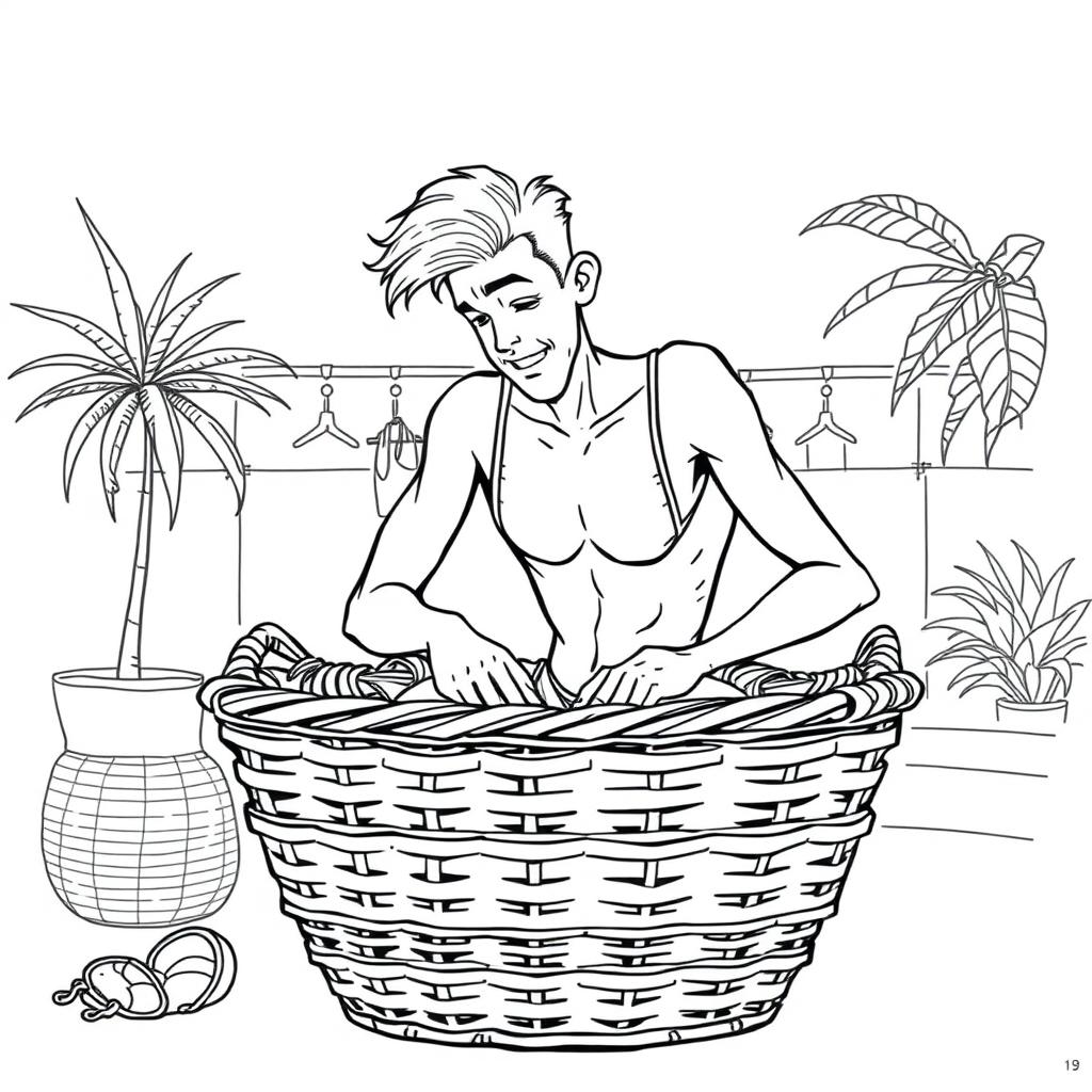 20 year old european skinny pool boy is rummaging through a basket full of lingerie, long establishing shot, 2D, caricature, cartoon, Sketch lines, coloring book, Black and white, coloring book style on white background, well composed, clean coloring book page, No dither, no gradient, strong outline, No fill, No solids, vector illustration