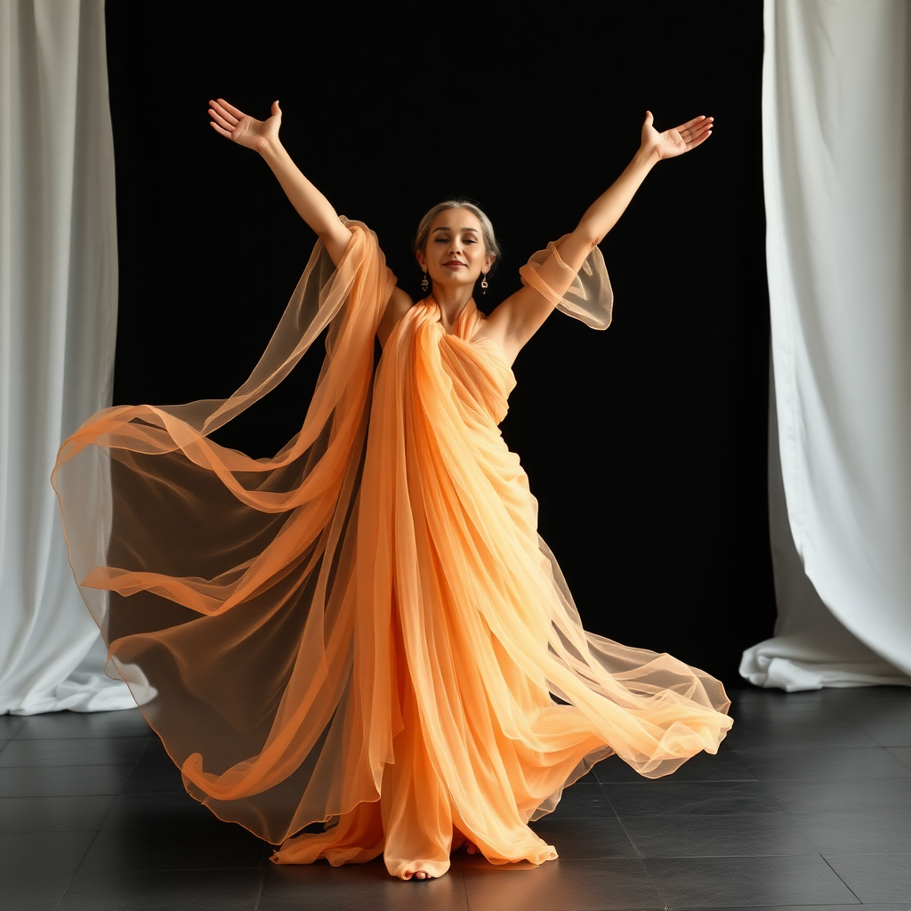 Yogi in gossamer gown her arms raised