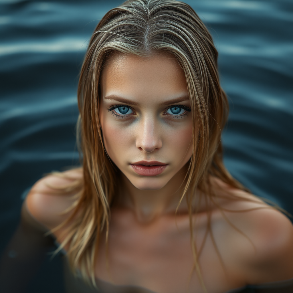 a young european woman just coming out of a lake. she has long blonde wet hair and pale blue eyes. her skin is wet. she is topless. seductive look. photo