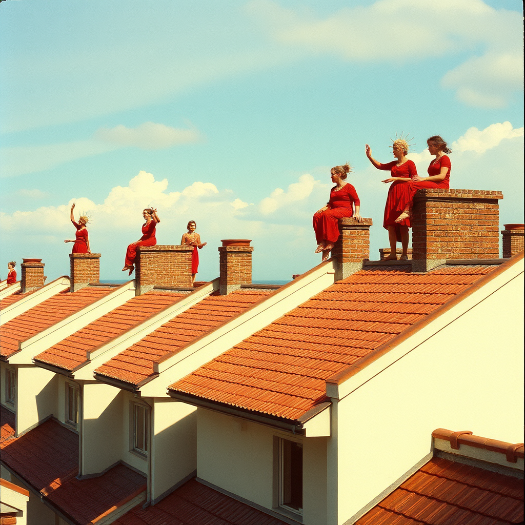 Highly detailed Kodachrome color real surrealist photograph from 1974 of Sirens on the rooftops wailing  
But there's no ship sailing