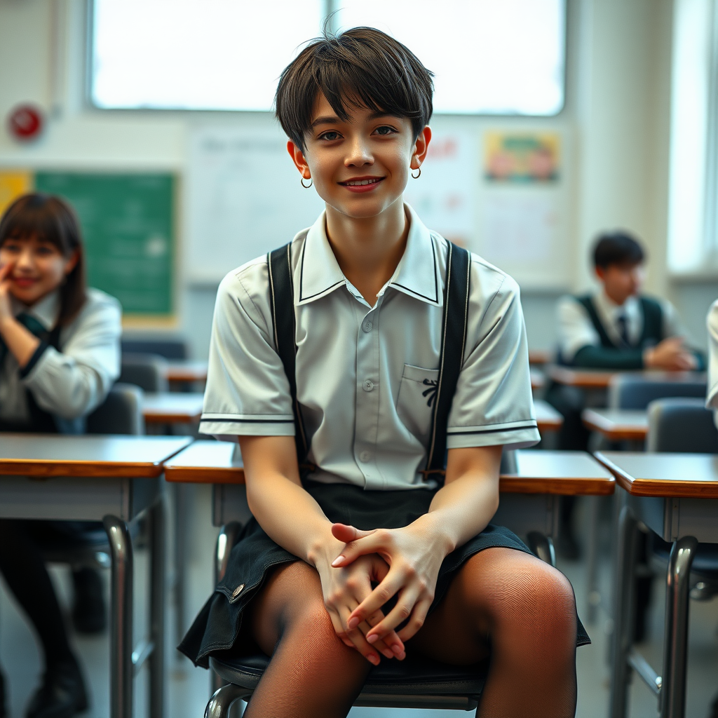 photorealistic, ultra high resolution, 16K, surreal fantasy, soft studio lighting, a pretty 16 year old goth male, slim male physique, short dark hair, blue eyes, goth makeup, earrings, sheer pantyhose, UK girls-school uniform, Mary-Jane shoes, sitting in the classroom, excited smile, facing the camera.