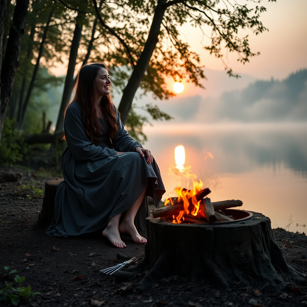 A young woman and her male friend sitting on a stump. A fireplace is on the ground at the shore of a lake. She has long brunette hair. She is wearing a dress. Barefoot. They are laughing together. The sinking sun is falling through the trees. A little fog is rising from the lake. Light like in a fairy tale, romantic. Medieval clothes. Photo.