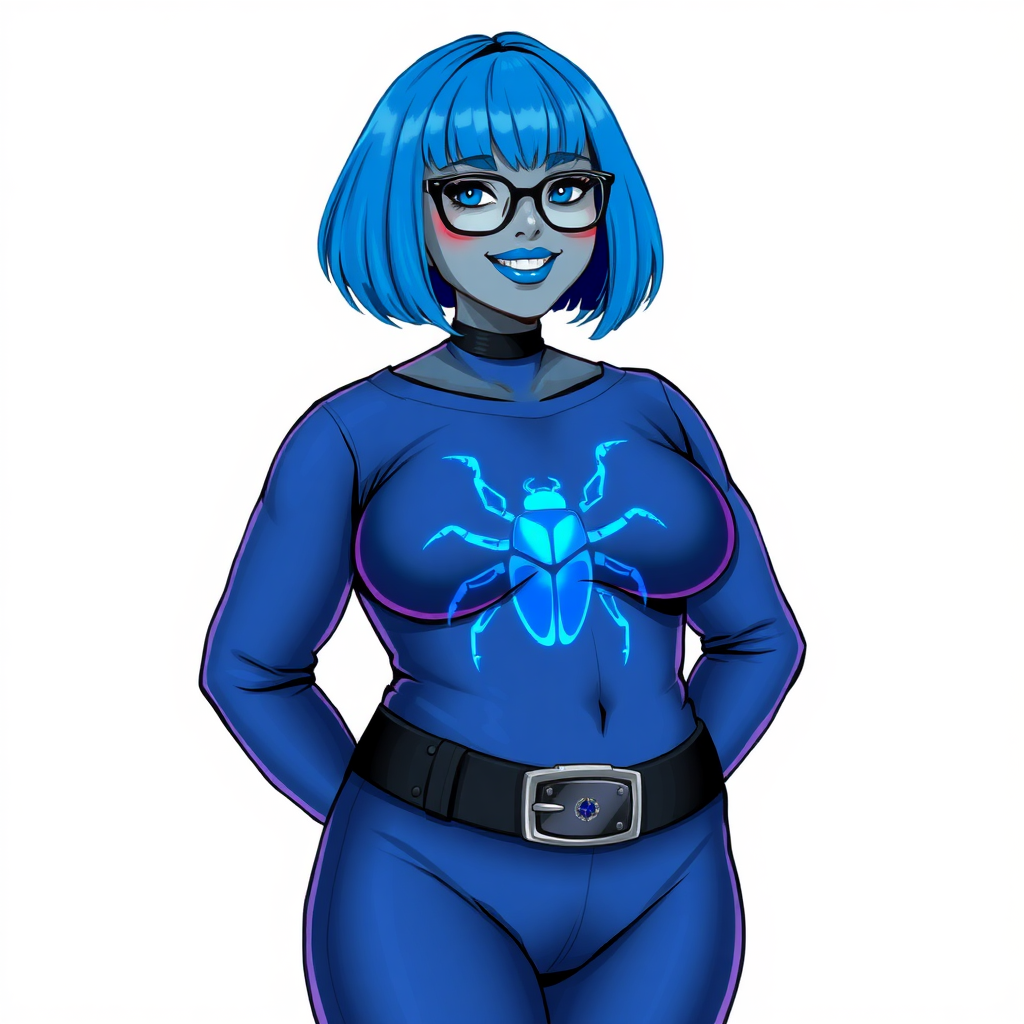 A 28-year-old, full-figured, middle gray metallic-skinned computer program-human hybrid with a maximum blue bob cut. She has a non-athletic build, highlighted by a prominent, round midsection. As a digital sidekick, computer hacker, and nerdy girlfriend to her cyberpunk vigilante boyfriend, her middle gray metallic skin and maximum blue lipstick emphasize her digital nature. She wears an oversized, loose-fitting, maximum blue bodysuit with a neon blue beetle chest icon, a black belt with a sapphire scarab buckle, and black gloves. Her bright blue eyes, black eyeglasses, and lovestruck smile with neon red blush accentuate her nerdiness. She stands bashfully with her hands behind her back, her bodysuit covering all her skin. Her physique is on full display. She is on a solid white background. She is drawn as if she was in a retro 2D cyberpunk fighting game.