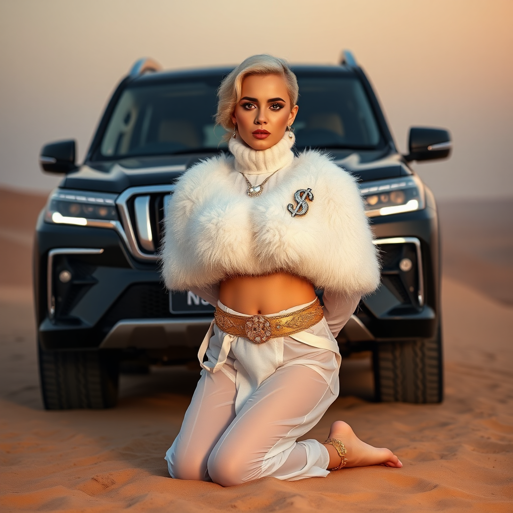 Kuwait desert dunes misty dawn, full size luxury SUV: Melissa, European 17 years old very convincing femboy “trophy-bimbo”, tamed servile docile, very beautiful feminine flawless face, rather short, by hormones very curvaceous womanly figured, platinum blond short tight curls, bold red lips, heavily made-up face, wearing Supertanya-style fluffy very fuzzy bright white angora turtleneck-poncho cropped ending under bust decorated with pearls and gemstones, striking oriental wide gold bridal protection belt, white fully transparent harem pants, full Oriental bridal jewelry, full Oriental face-jewelry, coin anklets, striking diamond “$$$” letter brooch on left chest, pout frustrated, hands tied behind back, kneeling in sand in front of SUV, looking at camera. Focus on face and turtleneck-poncho.