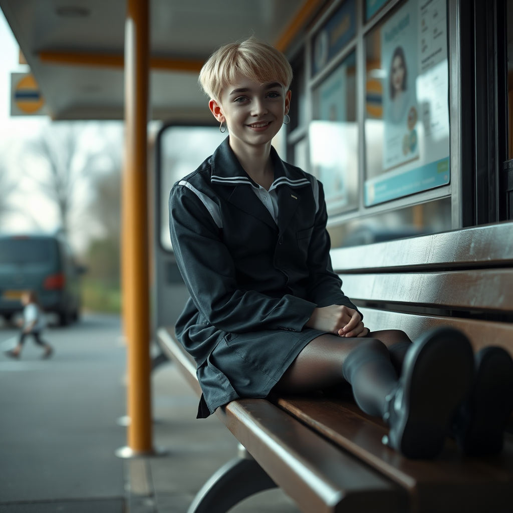 photorealistic, ultra high resolution, 16K, surreal fantasy, soft studio lighting, a pretty 18 year old goth male, slim male physique, short blonde hair, goth makeup, earrings, shiny black pantyhose, UK girls-school uniform, Mary-Jane shoes, sitting on his boyfriend's lap on a bench waiting for the school bus, in daylight, excited smile, facing the camera.