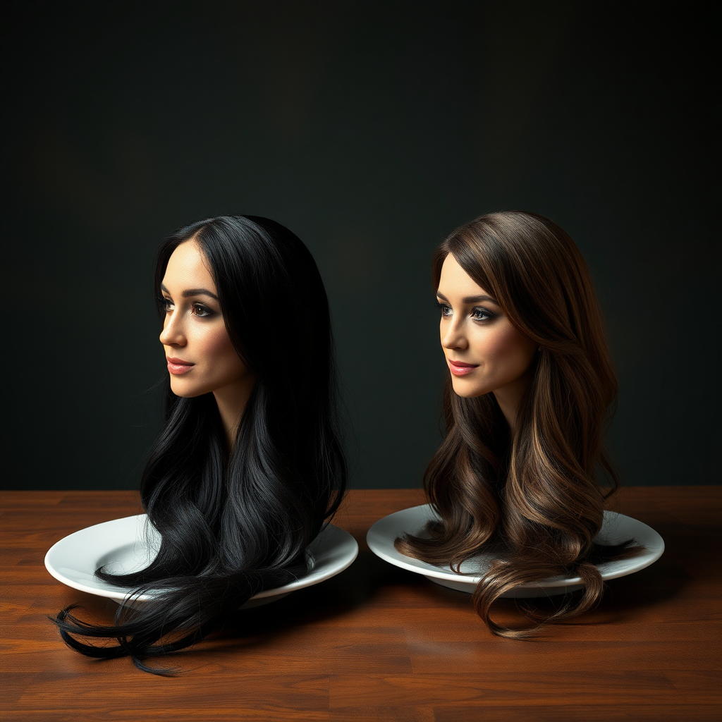 Surreal image of the disembodied heads of very long haired Meghan Markle and Kate Middleton served on plates.