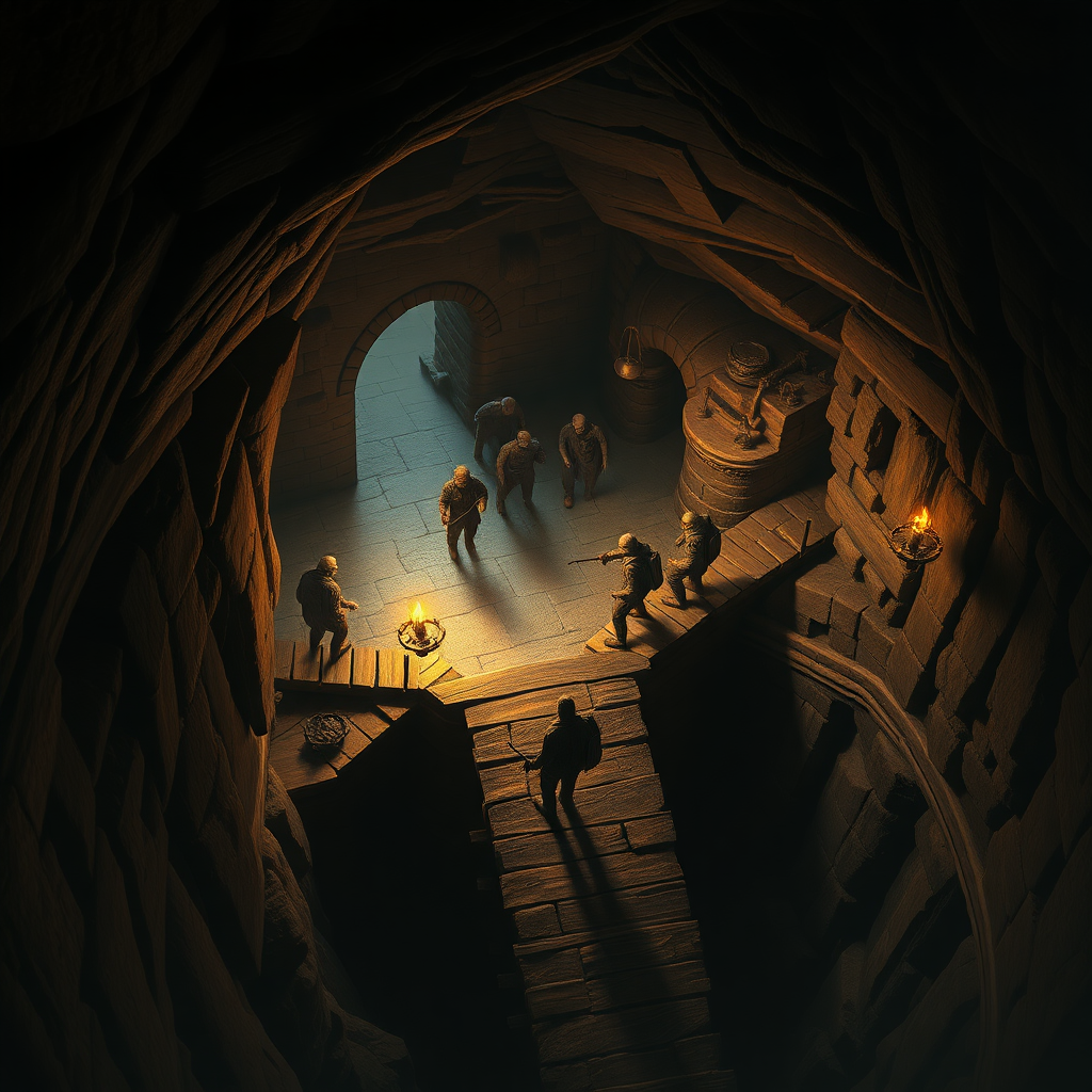 A dungeon crypt seen from above, a wooden bridge across a wide chasm, and the stone floor leading to a room with shambling zombies. Torches light up the place, and a group of adventurers cautiously walk across the bridge with weapons drawn. Photorealistic digital matte painting.