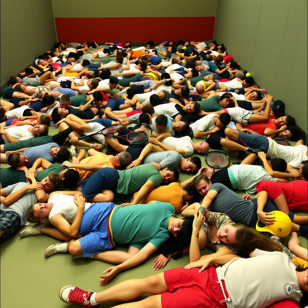 A pile of humans, squash court, squash rackets, sleeping people,