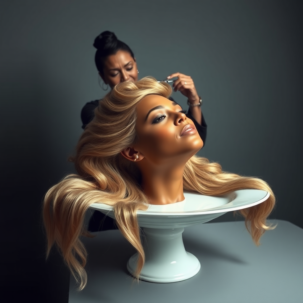 In a surreal and provocative scene, a beautifully tethered, disembodied head of Beyoncé rests gracefully on an elegant porcelain plate, her long, luxurious hair cascading like a waterfall of silky strands around the edges, creating a striking contrast against the stark, muted gray background. The sheen of her skin glows softly, exuding an air of ethereal beauty, while her chin rests delicately on the plate, poised and serene. Behind her, a skilled hairdresser, clad in chic black attire, stands with a focused expression, gently teasing and arranging her magnificent hair with nimble fingers, creating intricate patterns that defy gravity. The atmosphere is oddly intimate yet surreal, blending an appreciation of beauty with an unsettling twist, as soft light casts subtle shadows, enhancing the textures of both hair and porcelain. The air is filled with a quiet stillness, broken only by the subtle sound of the hairdresser’s scissors snipping rhythmically and the faint fragrance of hair products mingling with the cool air, heightening the unusual but captivating atmosphere of the scene.