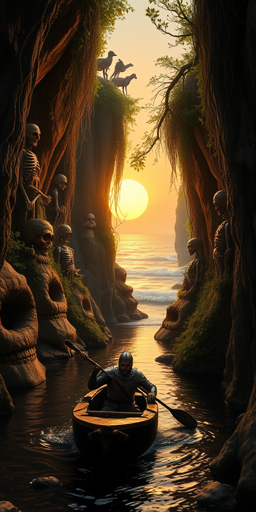 epic cinematic film low angle with interesting cliff rock formations with overhanging trees and vines with ruins. a wounded knight navigating in the river in between cliffs with trees and foliage, death hanging from the vines and on the rock walls, skeletons and armor of dead warriors, revealing the ocean in the background with a big sun in low in the horizon, sunset. Movie matte painting