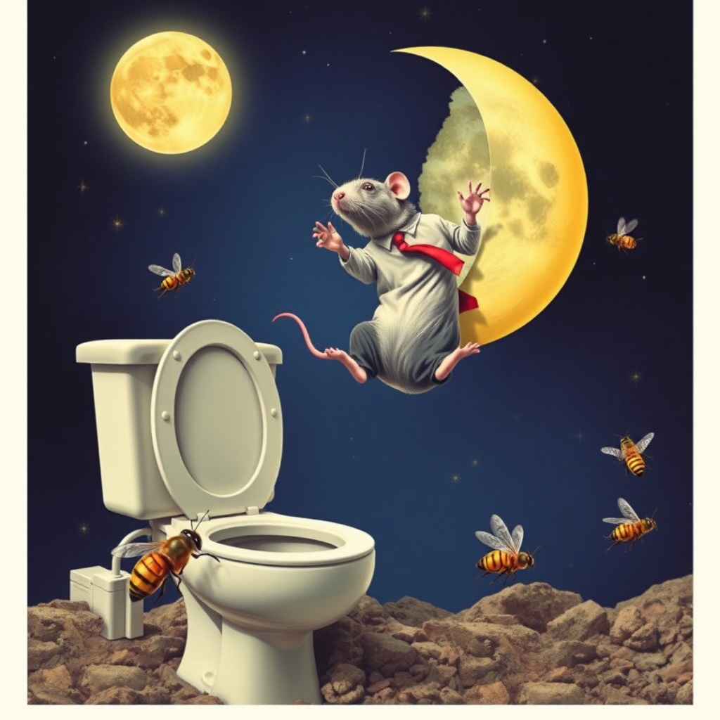 A rat politician diving off the moon into a toilet, bees, 2000s musical movie poster, no text, hell