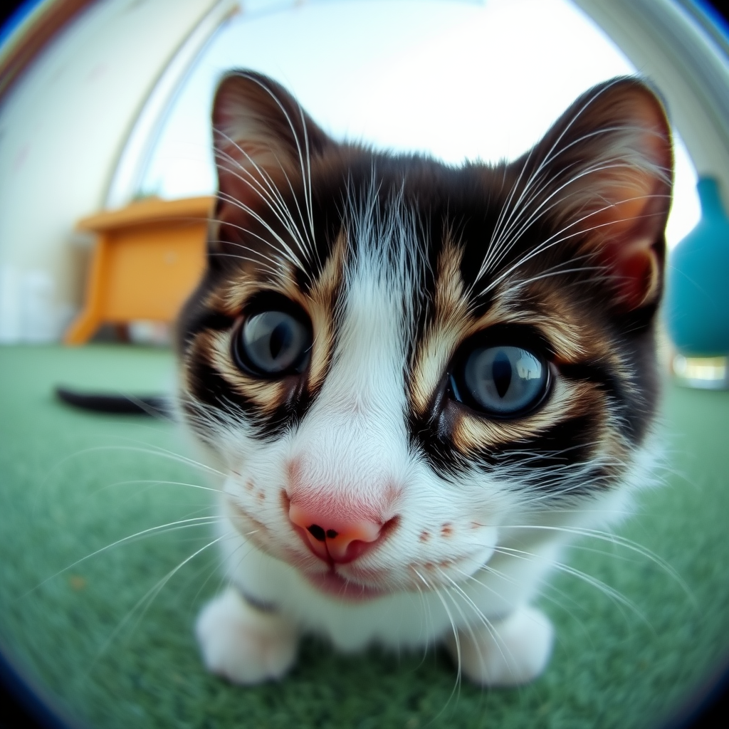 The kitten under the fish-eye lens is so cute and so chubby.