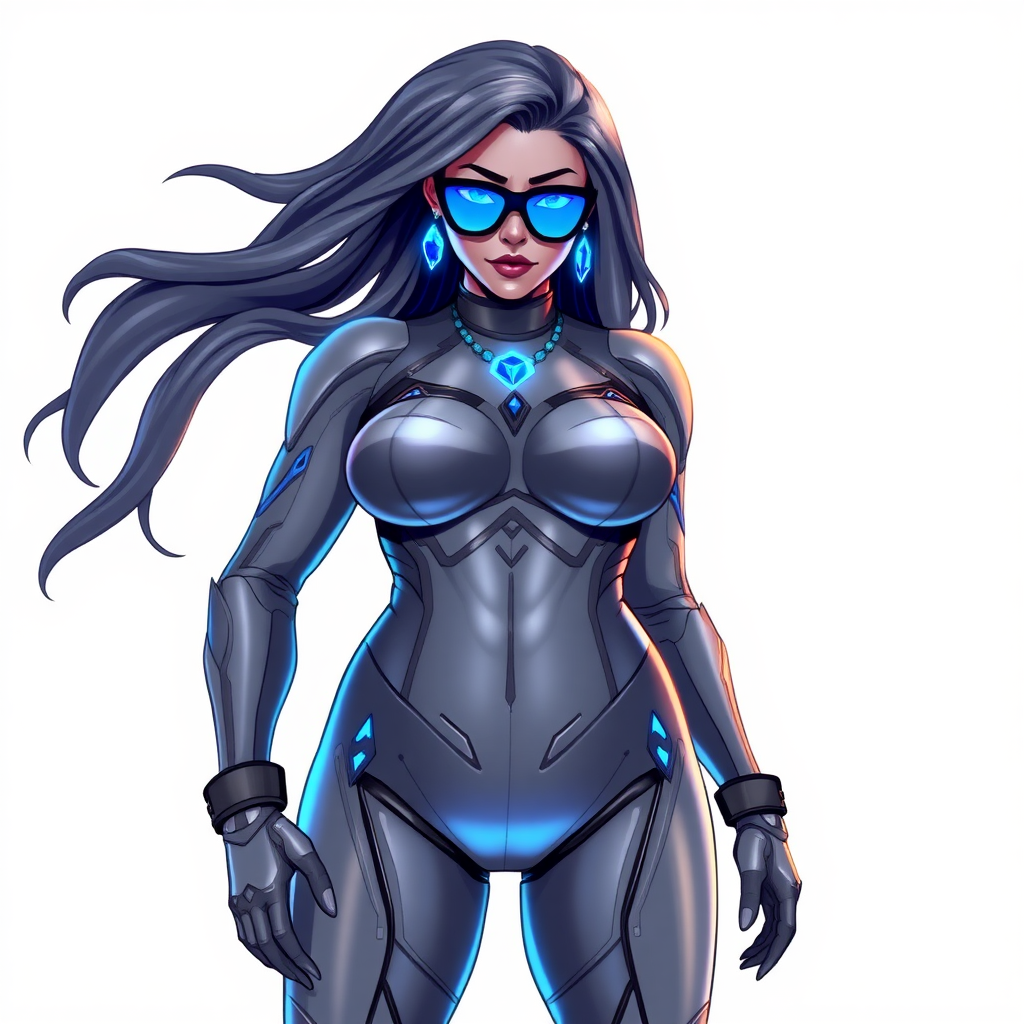 A 29-year-old computer science major, she is the devoted girlfriend of a vigilante and serves as his dotingly pampered, full-figured, nerdy, Middle Gray (N5) metallic skinned digital sidekick. She is now a Computer Program hybrid, with a unique, metallic Middle Gray (N5) skin color that blends with her suit and hair, appearing to merge together as computer data. Her long hair, suit, and skin are all the same metallic Middle Gray (N5) all blending together to appear to merge as computer data. Her neon blue eyes are mesmerizing. Her full figure, especially her prominent, round, large midsection, shows just how heavily fed and pampered she is, with sequoia-sized limbs and broad shoulders.

As a loyal and supportive sidekick, she plays a crucial role in their missions, using her digital prowess to assist and protect. She wears a blue sapphire scarab necklace and blue sapphire earrings, which she received as symbols of their love before his 5-year disappearance. Her digital and computerized bodysuit, also Middle Gray (N5), blends with her skin and hair (appearing to merge together like computer data). She is equipped with high-tech features, including holographic displays and integrated hacking tools. She has matching high-tech gloves. She emits neon blue data cubes from her body, set against a solid white background.

Heavily, attentively, and immensely pampered through being well-fed since their reunion, her full figure clearly shows the extent of care she has received. Despite her digital enhancements, she retains her human vulnerabilities, including hunger and sleep, and is not immune to human weaknesses. She has the ability to hack into computers and machines, and her nerdiness is blatantly obvious with her black oversized eyeglasses. Her full figure, especially her gargantuan midsection, is prominently displayed and heavily emphasized. Her outfit, influenced by DC’s Jennifer Knight Phantom Lady, remains distinct.

Despite her boyfriend’s limited resources, she assists in the war on crime by serving as a minicomputer, traveling in a high-tech wristwatch and supercar’s computer system. Using her hacking abilities, she relays crucial knowledge related to missions. She is drawn as if she was in a retro 2D cyberpunk fighting game.