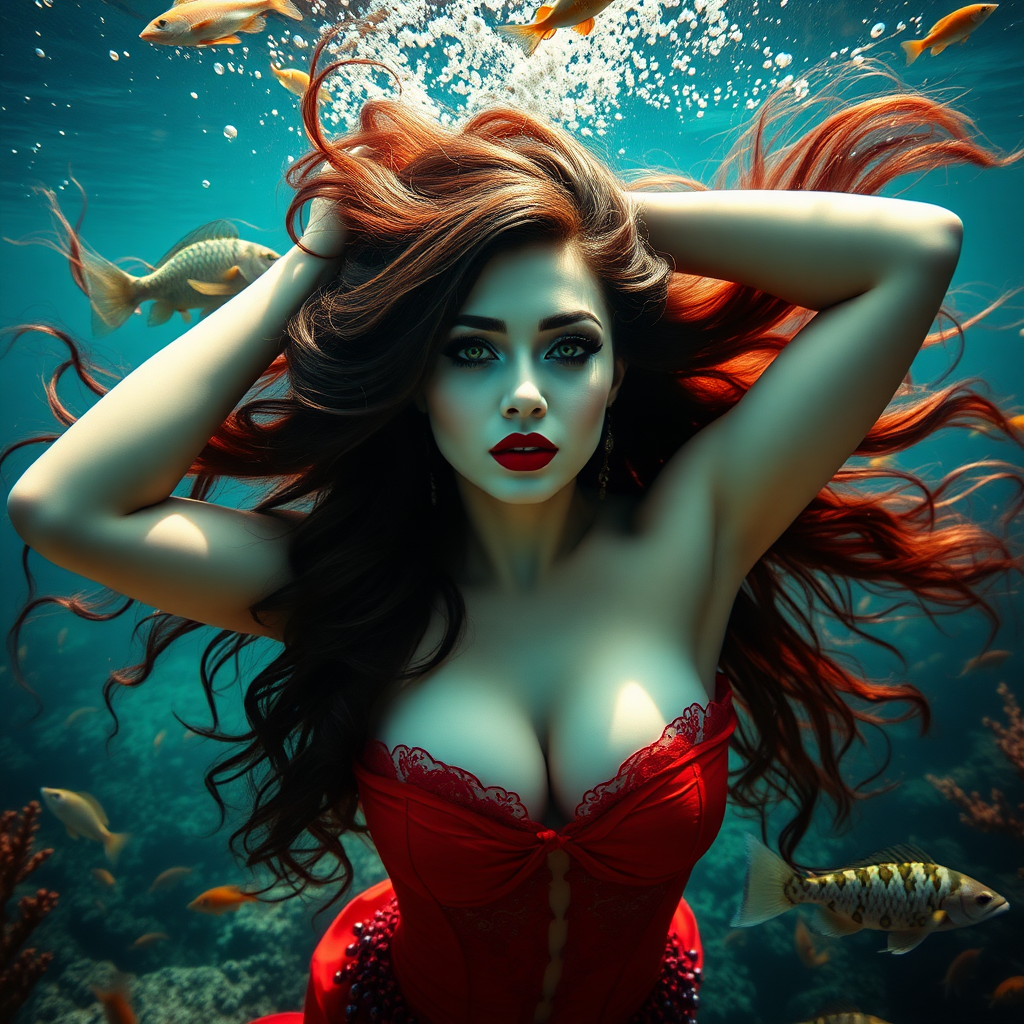 Vampirella as a mermaid underwater amazing loose flowing hair floating in a nimbus around her beautiful face her arms outstretched languidly over her head. she's looking down into the viewer's eyes making intense eye contact. loose fitting diaphanous. Burlesque. Stunning undersea life details plants and fish and other creatures of the sea. Amazing HD DSLR photographic output.