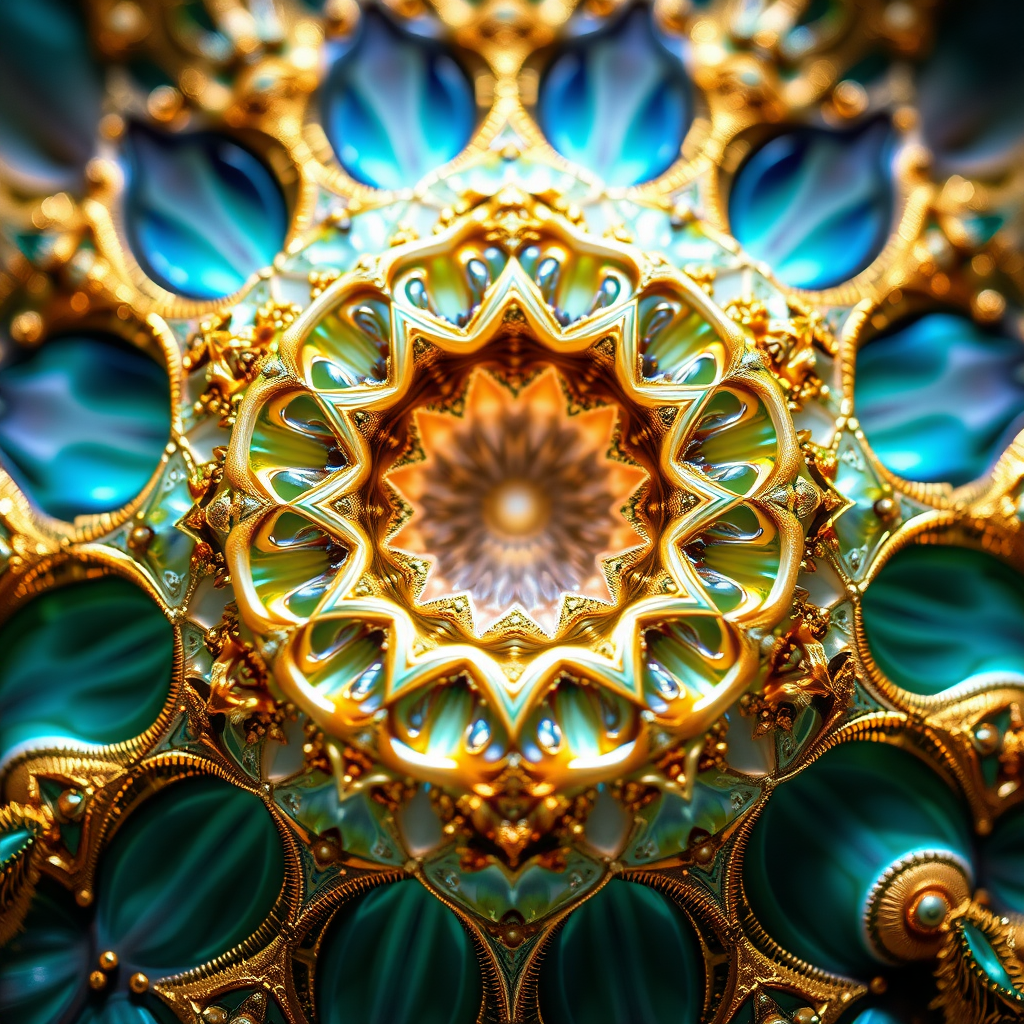 abstract pottery, mandelbulb fractal, sacred geometry, ultra-detailed, dynamic composition, artistic photograph, fractal, brilliant colors, glittering, illumination, transparency, translucent, turquoise, gold, romanticism, sharp focus, floral, mother of pearl, iridescent