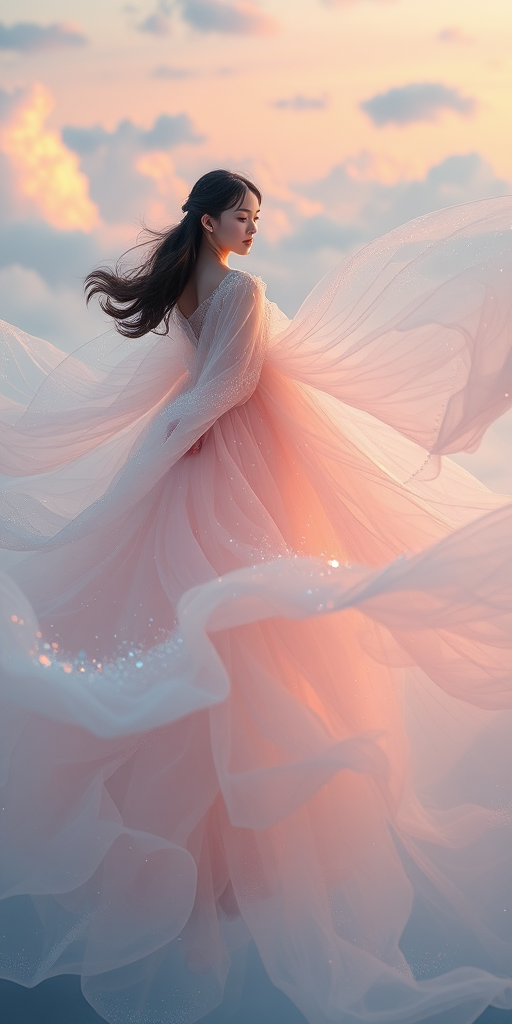 In a dreamlike realm where reality melds with fantasy, a girl floats serenely in a vast expanse of mesmerizing fabric. She is enveloped in an extraordinarily large dress, its countless layers of gossamer material billowing around her like soft, undulating ocean waves, catching the faintest breath of a breeze. Each delicate layer is adorned with shimmering threads that twinkle like distant stars, reflecting an array of pastel hues—pinks, blues, and silvers—that dance playfully with the light.

Her figure, a silhouette of elegance and ethereal charm, exudes an air of calm serenity. The intricate folds of the dress create a breathtaking tableau, invoking images of drifting blossoms carried by the wind. As she gently sways, the fabric rustles softly, a whispering sound that harmonizes with the distant echoes of nature. The backdrop is a surreal twilight, where soft, glowing clouds float gracefully, illuminated by a gentle, warm light that seeps through the translucent fabric, bathing the scene in an almost mystical luminescence.

The atmosphere is tranquil yet alive, filled with the scent of fresh blossoms and a hint of ocean breeze, as if she is both part of a dream and the awakening of a world untouched by time. As she drifts deeper into this soft sea of fabrics, her expression radiates a mix of wonder and peaceful introspection, embodying both grace and the freedom of unrestrained flight in an enchanting, enchanted landscape.